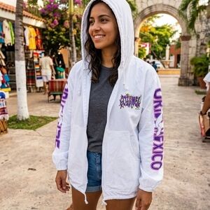PacSun White Hooded Bomber Jacket with Purple Sleeve Graphics